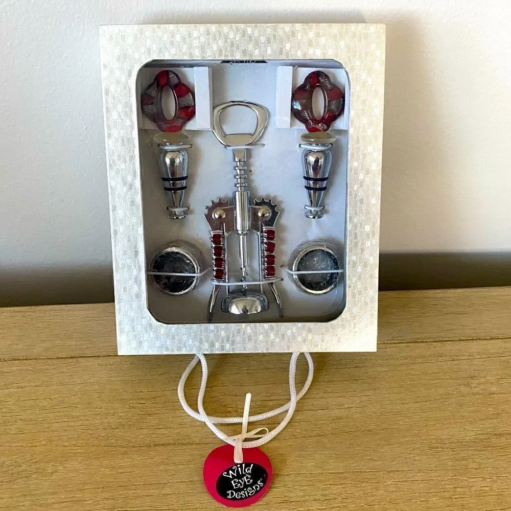 NWT New Wild Eye Designs Red & Silver 5 Piece Wine Gift Set. Holidays Christmas